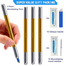 Microblading Pens 3 Piece Golden Dual Purpose Light Manual Tattoo Eyebrow Pens For Permanent Makeup Supplies Durable Aluminum Pen With Lock-Pin Tech+20Pcs Disposable Eyebrow Microblading Needles
