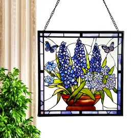 Bluebonnet Blue Iris Flower and Butterfly Stained Glass Panel Suncatcher Square Window Hanging, 7.8 Inch Real Glass Decorative Art Sun Catcher for Home, Gift, and Garden Decor