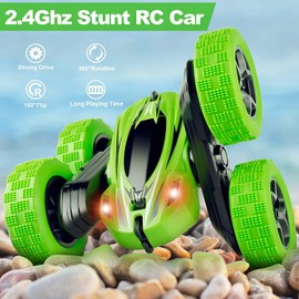 LYDDO Remote Control Car, RC Cars 2.4GHz Fast Stunt RC Car, 4WD Double Sided 360° Rotating RC Trucks with Headlights, Off Road RC Crawler Toy Cars for Kids Boys Girls (Green)