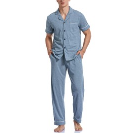COLORFULLEAF Men's Cotton Pajamas Set Button Down Sleepwear Short Sleeve Top and Long Pants Pjs (Ashes Blue,XL)