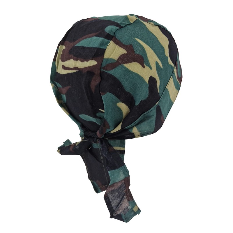 Camo Zandana Green Tie Bandana Style Fitted Skull Cap Biker
