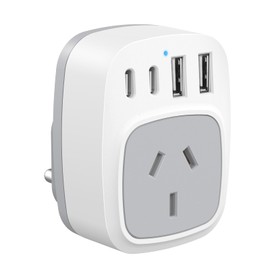 Dozianai Travel Adapter for India - AU to Type D 3 Pin Plug With 2 USB-C and 2 USB-A Ports - For Bangladesh, Kuwait, Namibia, Nepal, Pakistan, Qatar, Sri Lanka, Yemen - White