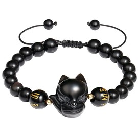 Wizock Feng Shui Black Agate Beads Obsidian Crystal Fox Bracelet for Women Bring Wealth and Good Luck Protection Amulet Animual Bracelets Jewelry