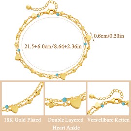 ankbrats 18K Gold-Plated Anklet for Women, Adjustable Gold Heart, Double Layered Anklets, Waterproof, Beach Anklet, Jewellery, Gift for Women, Girls, Teenagers