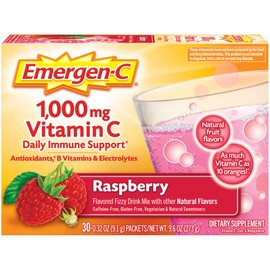 Emergen-C (30 Count, Raspberry Flavor, 1 Month Supply) Dietary Supplement Fizzy Drink Mix with 1000mg Vitamin C, 0.32 Ounce Packets, Caffeine Free