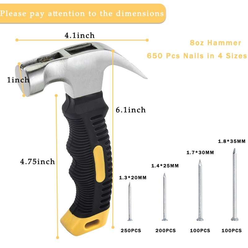Nail Assortment Kit and 8oz Small Hammer, 650 Pcs Small