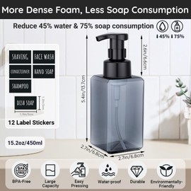 Segbeauty Foam Soap Dispenser for Kitchen Sink 15.2oz 2pcs, 450ml Gray Foaming Bathroom Countertop Soap Dispensers, Foam Pump Bottle with Waterproof Stickers, Square Liquid Pump Foamer Bottles Set