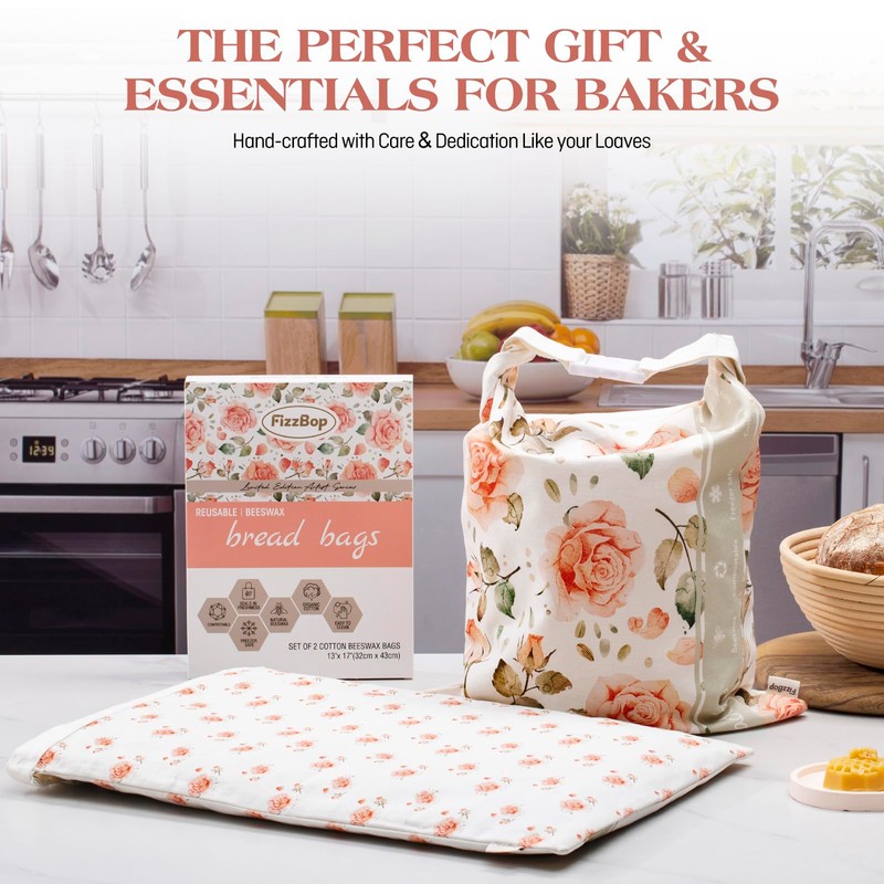 FIZZBOP Beeswax Bread Bags 2-Pack, Reusable XL 13x17 Inch For