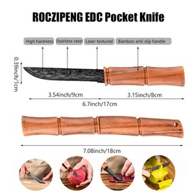 Roczipeng 2 Pcs 3.54 Inch Fixed Blade Knife, Multipurpose Outdoor Portable Fruit Knife with Sheath, Bamboo Shaped Paring Knife with Cover for Home, Camping, Fishing, Hunting