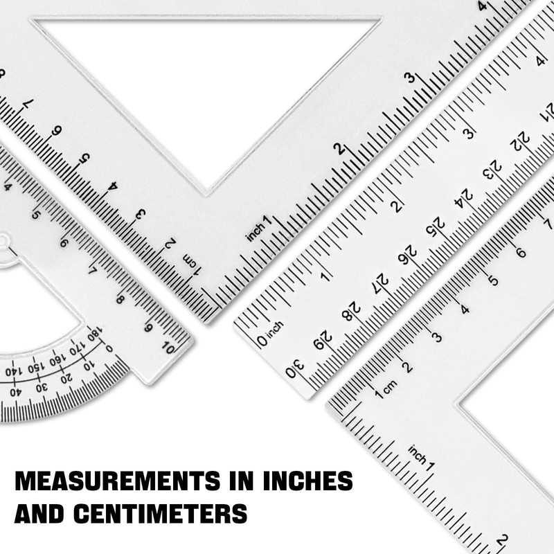 Clear Math Geometry Tool Set,12 Inch Ruler 4 PCS for