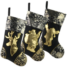 WEWILL 18'' Luxury Gold Christmas Stockings Shiny Bag for Kids, Family, Set of 3,Santa, Snowman, Reindeer