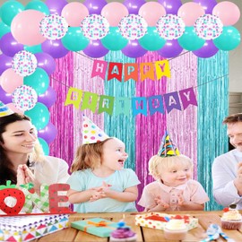 22Pcs Cute Dollhouse Party Decorations, Purple Pink 3.3x8.2ft Tinsel Foil Fringe Curtains Banners and Multicolour Balloons for Cartoon Theme Birthday Decorations Boys and Girls Party Supplies