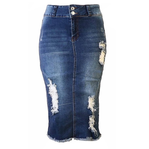 Womens Juniors Below Knee Length Midi Pencil Ripped Denim Skirt