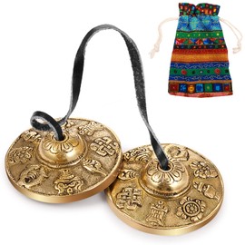 Boao Tibetan Tingsha Cymbals Meditation Chime Bells with Tibetan Drawstring Cloth Bag, 6.3 cm Meditation Chime Bells, for Percussion Instrument(8 Lucky Symbols Embossed)