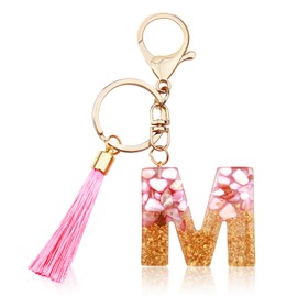 ORUZA Alphabet Initial Letter Keychain, Pink Gold Foil Initial Letter Keyring with Tassel Pendant Resin Letter Key Ring for Women Wallet Purses (M)