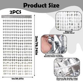 Prmape Pack of 2 Tinsel Curtains, Silver, 1 x 2 m Tinsel Curtain Heart, Glitter Curtain for Gluing, Glitter Curtain Birthday for Door, Wedding, Birthday, New Year's Eve Party, Valentine's Day