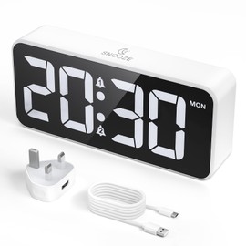 CHEREEKI Alarm Clock Bedside Mains Powered, Digital Clock with Large LED Display, Dual Alarm, Snooze, 10 Ringtones, 3 Alarm Schedule, Adjustable Brightness and Volume, USB Charging Port, 12/24H
