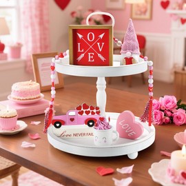 Wooden Two Tiered Tray Stand, Farmhouse Decorative Round Serving Tray with Metal Handle for Home, Kitchen Table Decor, Coffee Bar, Seasonal Holiday Decorations,Fruits and Cupcake Display (White)