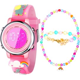【ペコチャイム】子供 デジタル 腕時計 6歳 以上 女の子 7色LED 防水 ストップウォッチ アラーム ジュエリーセット ネックレス ブレスレット シール ギフトBOX レインボー エレファント ピンク