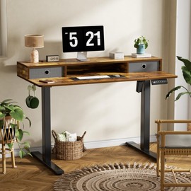 CROWNFURN Electric Standing Desk with Double Drawers,Adjustable Standing Desk with Storage Shelf for Home Office,with 3 Presets & 2 Hooks,48 Inch(Rustic Brown)