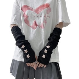Y2K Coquette Stars Arm Warmers Cute Knit Fingerless Gloves Gyaru Harajuke Lolita Arm Covers w/Thumb Hole Arm Sleeve (Black,Free Size)