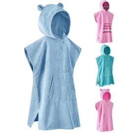 DiaryLook Kids Swimming Changing Robe with Hood, Beach Poncho Towel with Pockets Boys & Girls Quick Dry, Bath Robe Surfing Childrens Gifts 6-9 Years Bear Light Blue