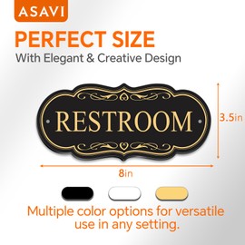 ASAVI RESTROOM Sign – 8x3.5 Inch Waterproof Acrylic, Self-Adhesive Backing & Mounting Holes, Ideal for Bathroom Doors in Homes or Offices (Black Gold)