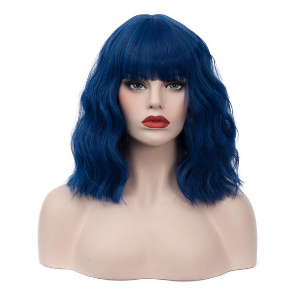 Cying Lin 14" Short Wavy Curly Wig Dark Blue Wigs For Women Natural Cosplay Halloween Wigs Heat Resistant Fun Party Wig Include Wig Cap (Dark Blue, 14 inch)