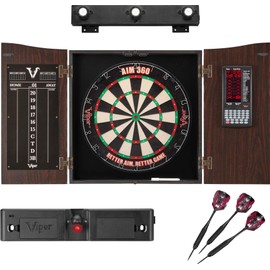 Viper Vault Deluxe Dartboard Cabinet with Integrated Pro Score, AIM 360 Sisal Dartboard, Laser Dart Throw Line, Shadow Buster, and Black Mariah Steel Tip Darts, Mahogony Finish
