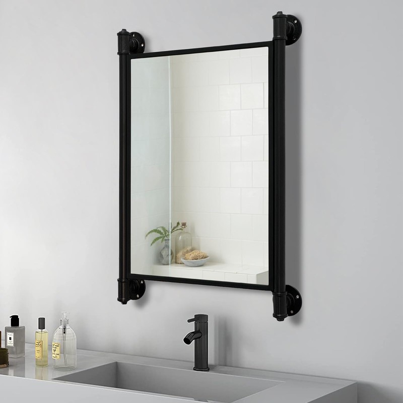 OLDRAINBOW Industrial Pipe Mirror for Bathroom,Rectangle Iron Wall Mirrors for