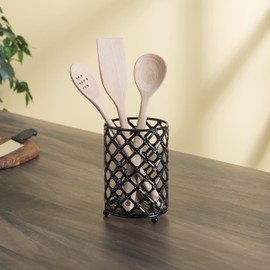 Home Basics Beautiful Heavy Duty Steel Lattice Cutlery Holder, Utensil Organizer, Rust-resistant, Free Standing, Black, 5" x 5" x 7"