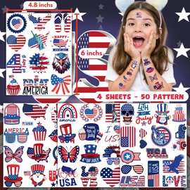 50 PCS Fourth of July Temporary Tattoos for Kids, Red White and Blue Themed Tattoos for Birthday Party Supplies USA Flag Memorial Day Independence Day Labor Day Tattoo Stickers for Kids Boys Girls