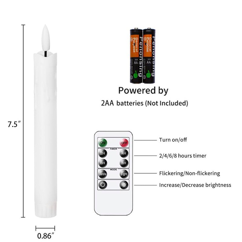 Mavandes Flameless Flickering Taper Candles Two Remote, 7.5 Inch White