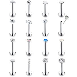 LOAYHOAY 16PCS 16-18G Stainless Steel Threadless Push in Nose Stud Ring for Women Men Lip Ring CZ Flower Heart Cartilage Helix Earring Piercing Set (20 Gauge 6mm Bar Length)
