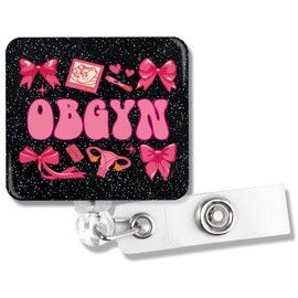 PUVOXHO OBGYN Funny Pink Bow Glitter Badge Reel, Retractable Badge Holder with Alligator Clip for L&D OBGYN Nurse Ovary OB Pediatric Gynecology Nursing Midwife Medical Worker, Neonatal Nurse Gifts