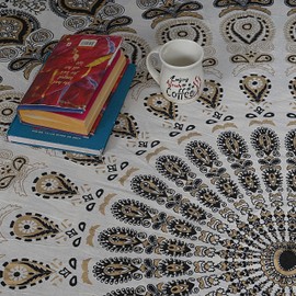 Furnishful Finesse Mandala Peacock Tapestry Boho Wall Hanging Tapestries Indian Wall Cloth Tapestry for Living Room Bedroom and Home Decor- White Gold, 50X60 Inches