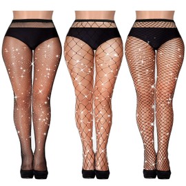 Geyoga 3 Pairs Sparkly Fishnets Stockings for Women Rhinestone Fishnets Stockings Glitter Fishnet Tights One Size Fit All(Black)