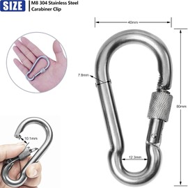 2Pcs M8 Safe Lock Carabiner Clip, Heavy Duty 304 Stainless Steel Snap Hook Carabiner Hook for Outdoor Climbing Hiking Camping Fishing Boats Backpacks Chains Hanging Swing Hammock