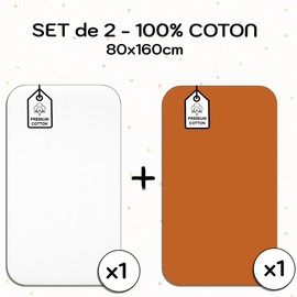 Lovely Hippo 2 x Fitted Sheets 80 x 160 cm, 100% Cotton, Soft and Breathable, for Bed 80 x 160 cm, Chemical-Free (White/Cocoa)