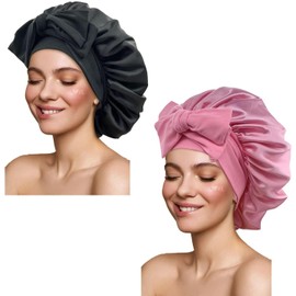 2 Pzs Gorro de Dormir de Satén,Gorro de Dormir de Seda Suave,Adecuado para Cabello Rizado,Liso,Largo y Corto,Transpirable,Diadema Ancha Ajustable,Negro+Rosa
