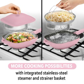 MogaMax Nonstick Ceramic Saute Pan with Steamer, All-in-One Pan, PFOA,PFOS,Lead & Cadmium Free,Dishwasher Safe,4 Qt,11-inch, Pink, Stay-cool Handle,non stick chef's pan