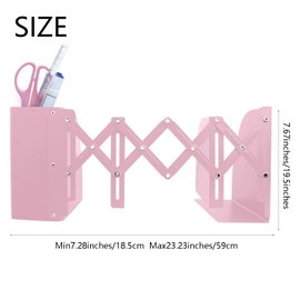 Adjustable Bookends with Drawer, Anti-Slip Design Expandable Book Ends with 4 Compartments for Desk, Office(Pink, 23.23 inches Max)