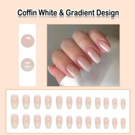 ANDGING Ombre White Press on Nails Coffin Short Medium Pink on Nails with Gradient Design Fake Nails Acrylic for Wedding Birthday 24Pcs Women Gel False Nails Stick on Nail with ALQ12I8