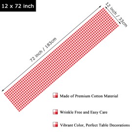 Red and White Gingham Table Runner 72 Inch - Cotton Checkered Plaid Table Runner for Home Kitchen Dinner Party Table Decorations - Valentines Day Table Runner