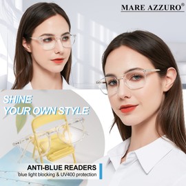 MARE AZZURO Blue Light Blocking Reading Glasses Women 1.25 Lightweight Cute Round Readers 100 125 150 175 200 225 250 275 300 350 4.00 (Transparent, 1.25)