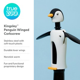 True Zoo Kingsley the Penguin Corkscrew Wine Opener, Winged Design with Easy Grip Soft Touch Wings, Stainless Steel and Plastic with Sharp Screw for Wine Bottles, Home Bar, Kitchen, Novelty Gifts
