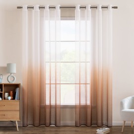 EMEMA Transparent Voile Sheer Curtains with Eyelets Colour Gradient Decorative Curtain Window Curtain for Bedroom and Living Room 145 cm x 140 cm (H x W) Set of 2 White Coffee Colour