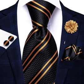 Hi-Tie Silk Men's Tie and Pocket Square Cufflinks Lapel Pin Set Jacquard Wedding Business Necktie for Formal,Black Gold