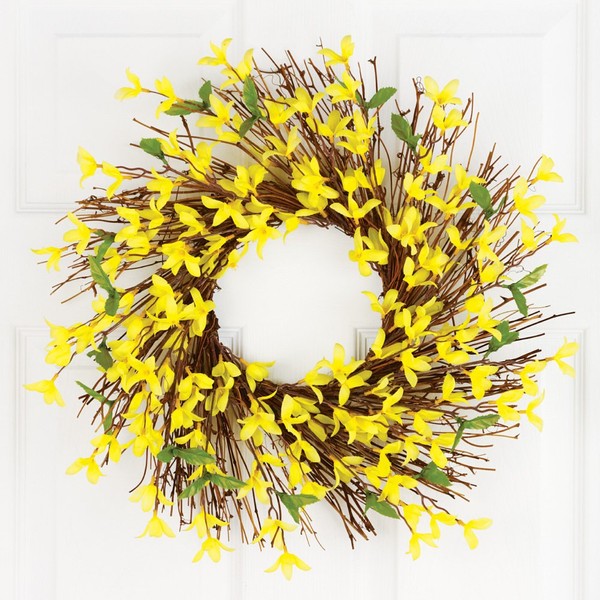 Collections Etc Spring Forsythia Floral Twig Door Wreath - Seasonal Door Accent for Any Room, Yellow