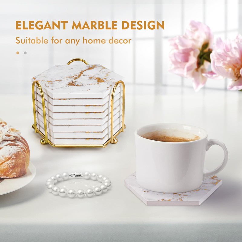 Gold Coasters,Marble Coaster Set for Table Protection,8 Pcs Drink Coasters
